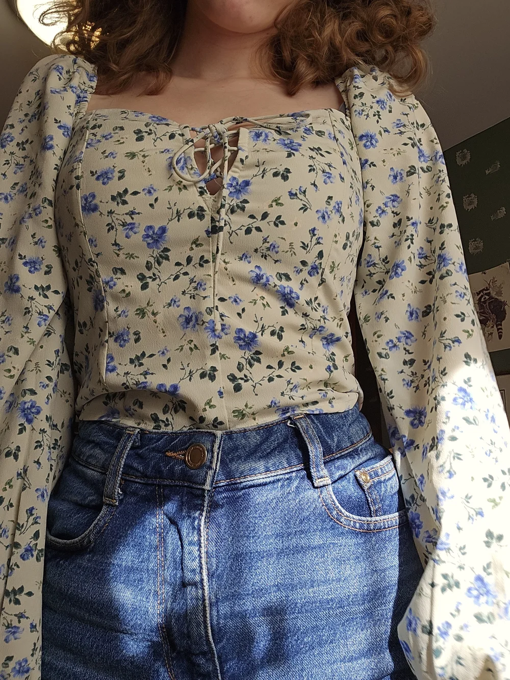 Abercrombie & Fitch Cream Blouse with Blue Floral Lace-Up Front